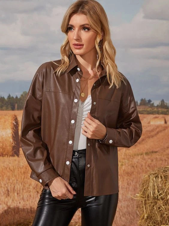 Brown Leather Original Shirt  - Oversized Full-Grain Leather Shacket for Women