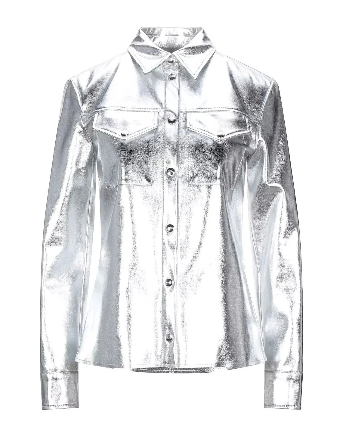 Silver Metallic Original  Leather Shirt - Statement Full-Grain Leather Shacket for Women