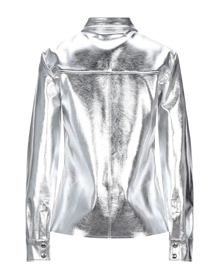 Silver Metallic Original  Leather Shirt - Statement Full-Grain Leather Shacket for Women