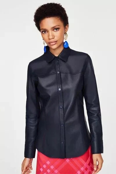 Navy Blue Original Leather Shirt - Fitted Full-Grain Leather Button-Up for Women