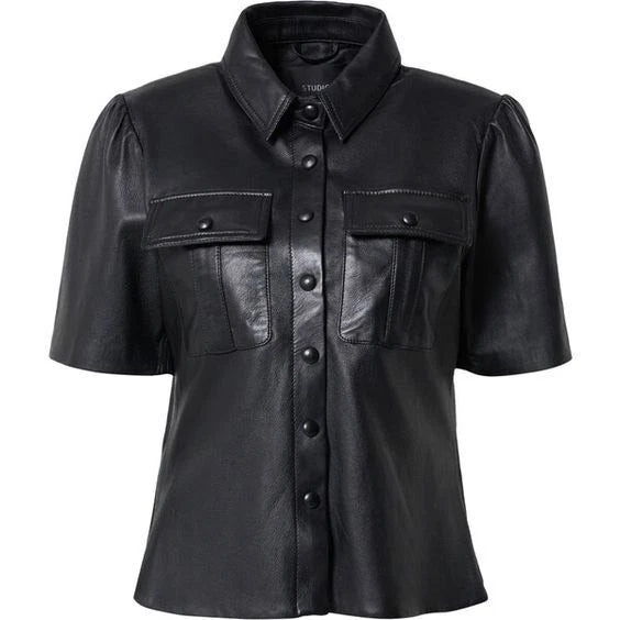 Black Leather Short Sleeve Original Shirt - Puff Sleeve Full-Grain Leather Button-Up for Women