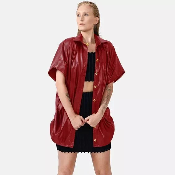 Burgundy Red Leather Original Shirt - Oversized Full-Grain Leather Button-Up for Women