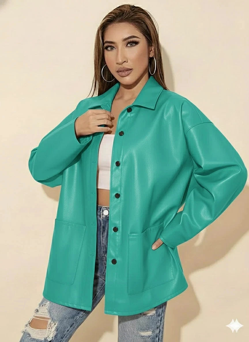 Turquoise Leather Original Shirt - Oversized Full-Grain Leather Shacket for Women