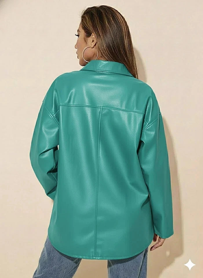 Turquoise Leather Original Shirt - Oversized Full-Grain Leather Shacket for Women