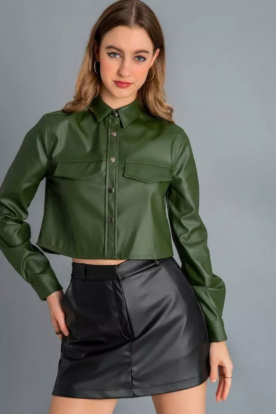Olive Green Cropped Original Leather Shirt - Fitted Full-Grain Premium Leather Button-Up for Women