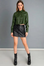 Olive Green Cropped Original Leather Shirt - Fitted Full-Grain Premium Leather Button-Up for Women