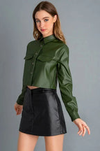 Olive Green Cropped Original Leather Shirt - Fitted Full-Grain Premium Leather Button-Up for Women