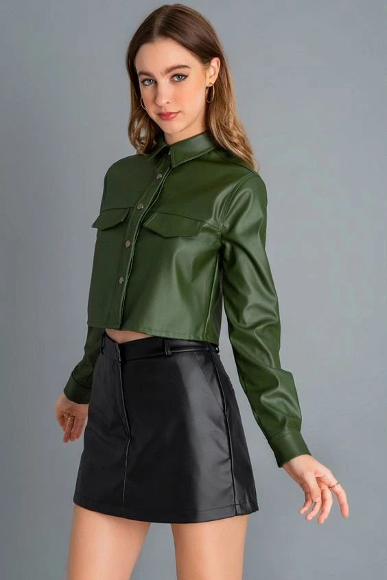 Olive Green Cropped Original Leather Shirt - Fitted Full-Grain Premium Leather Button-Up for Women