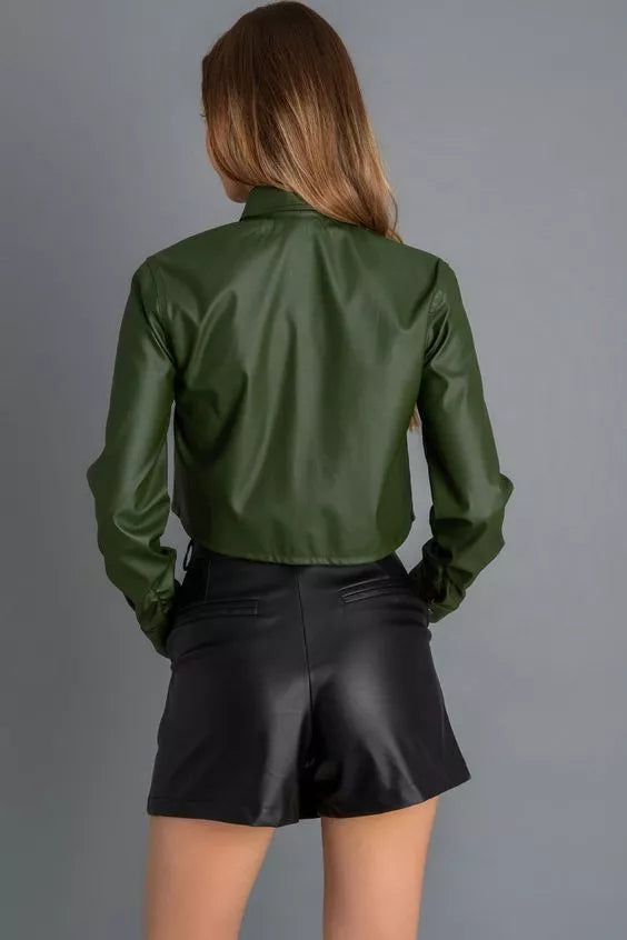 Olive Green Cropped Original Leather Shirt - Fitted Full-Grain Premium Leather Button-Up for Women