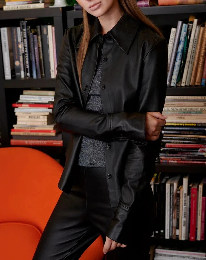 Black Original Leather Shirt - Fitted Full-Grain Premium Leather Button-Up for Women