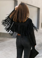 Women's Black Suede Original Leather Fringe Jacket - Handcrafted