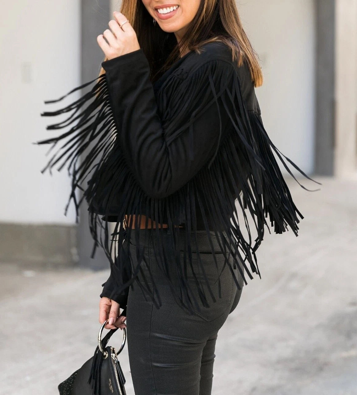 Women's Black Suede Original Leather Fringe Jacket - Handcrafted