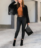 Women's Black Suede Original Leather Fringe Jacket - Handcrafted