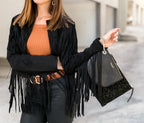 Women's Black Suede Original Leather Fringe Jacket - Handcrafted