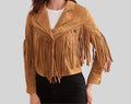 Women's Camel Suede Leather Fringe Jacket - Handcrafted Western Cropped Blazer