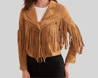 Women's Camel Suede Leather Fringe Jacket - Handcrafted Western Cropped Blazer