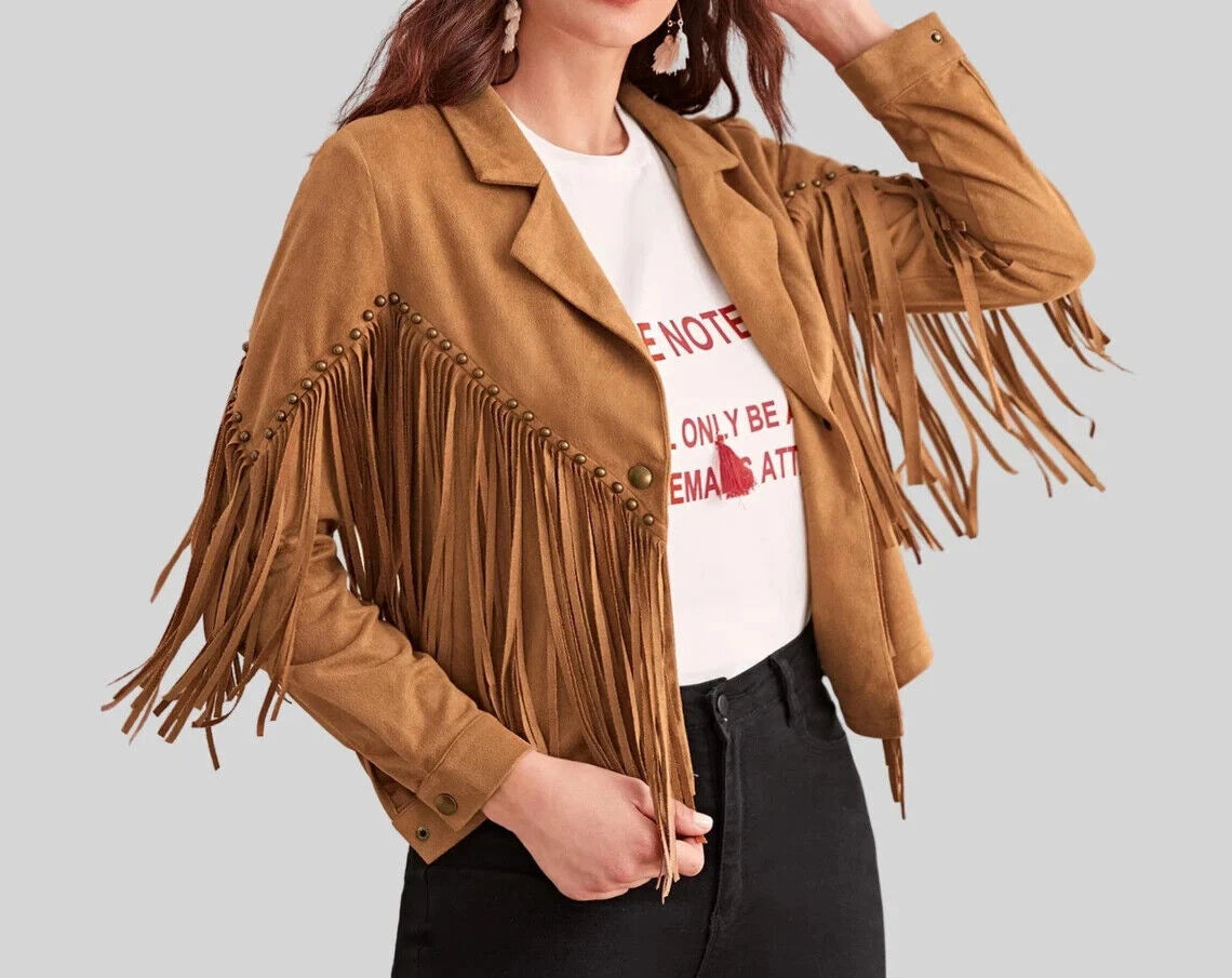 Women's Camel Suede Leather Fringe Jacket - Handcrafted Western Cropped Blazer