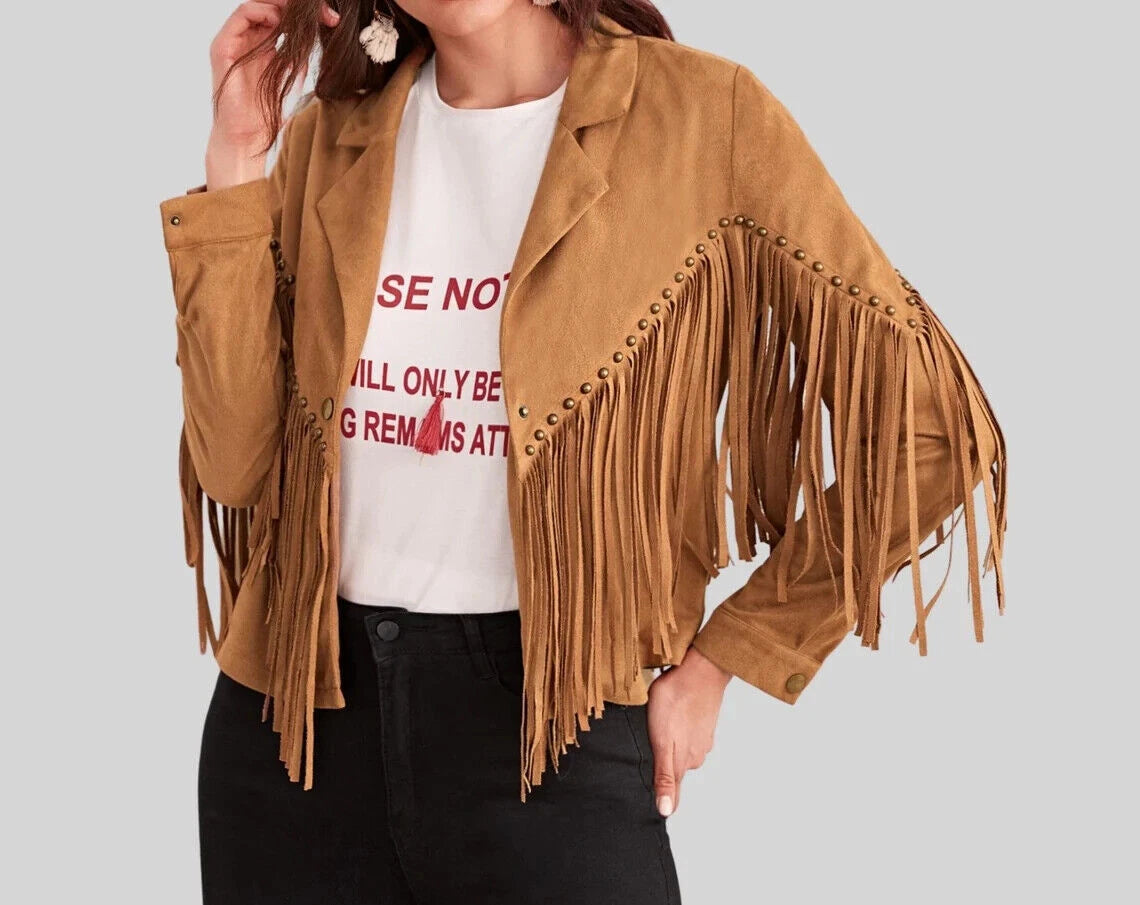 Women's Camel Suede Leather Fringe Jacket - Handcrafted Western Cropped Blazer
