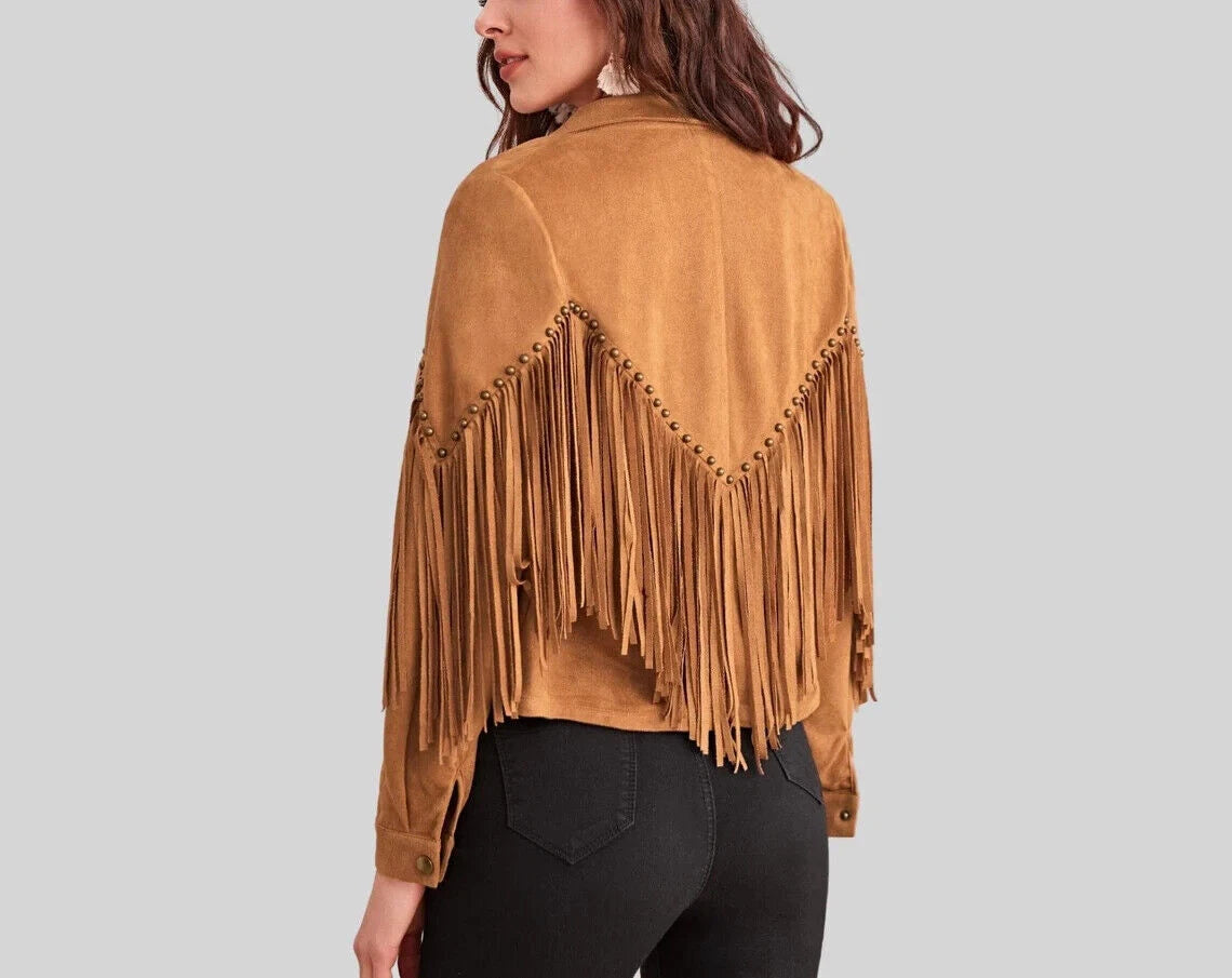 Women's Camel Suede Leather Fringe Jacket - Handcrafted Western Cropped Blazer