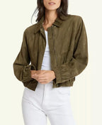 Women's Olive Green Suede Original Leather Jacket - Handcrafted Cropped with Elastic Cuffs