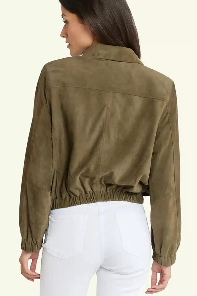 Women's Olive Green Suede Original Leather Jacket - Handcrafted Cropped with Elastic Cuffs