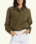 Women's Olive Green Suede Original Leather Jacket - Handcrafted Cropped with Elastic Cuffs