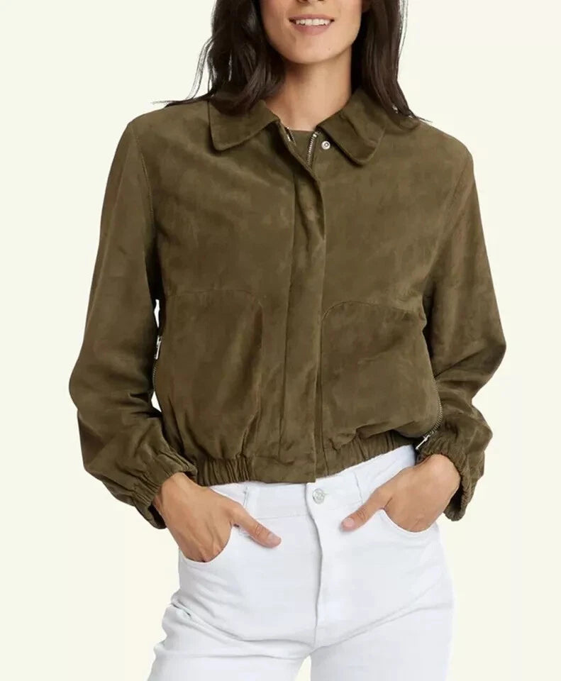 Women's Olive Green Suede Original Leather Jacket - Handcrafted Cropped with Elastic Cuffs