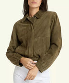 Women's Olive Green Suede Original Leather Jacket - Handcrafted Cropped with Elastic Cuffs