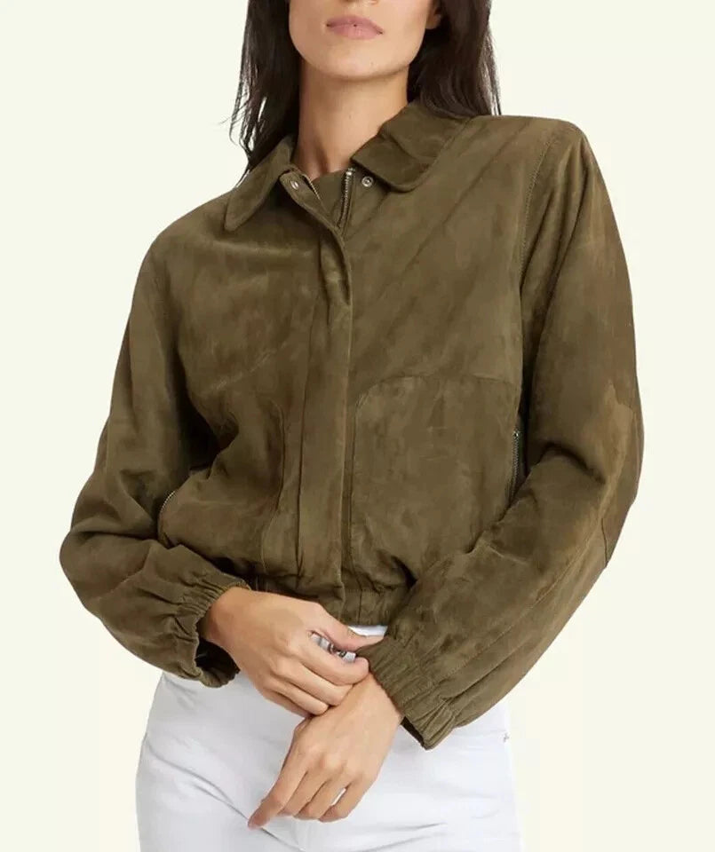 Women's Olive Green Suede Original Leather Jacket - Handcrafted Cropped with Elastic Cuffs