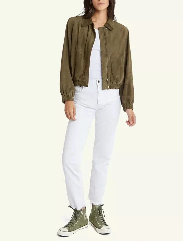 Women's Olive Green Suede Original Leather Jacket - Handcrafted Cropped with Elastic Cuffs