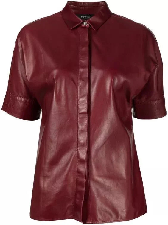 Burgundy Leather Short Sleeve Original Shirt - Fitted Full-Grain Premium Leather Button-Up for Women