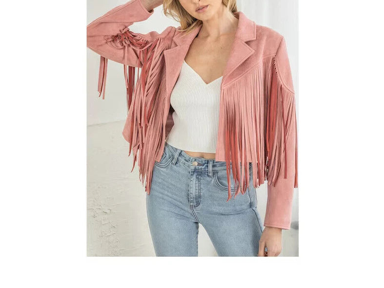 Women's Pink Suede Leather Fringe Jacket - Handcrafted Western Cropped Blazer