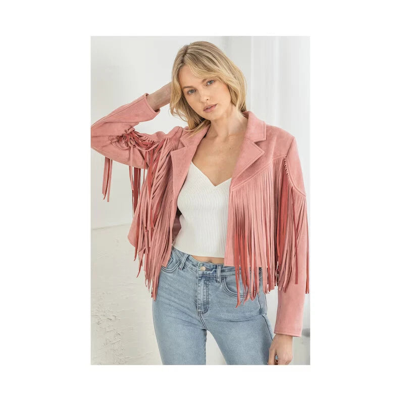 Women's Pink Suede Leather Fringe Jacket - Handcrafted Western Cropped Blazer