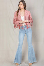 Women's Pink Suede Leather Fringe Jacket - Handcrafted Western Cropped Blazer