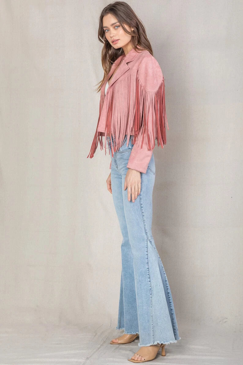 Women's Pink Suede Leather Fringe Jacket - Handcrafted Western Cropped Blazer