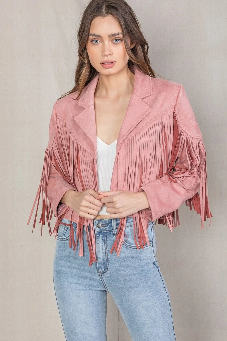 Women's Pink Suede Leather Fringe Jacket - Handcrafted Western Cropped Blazer