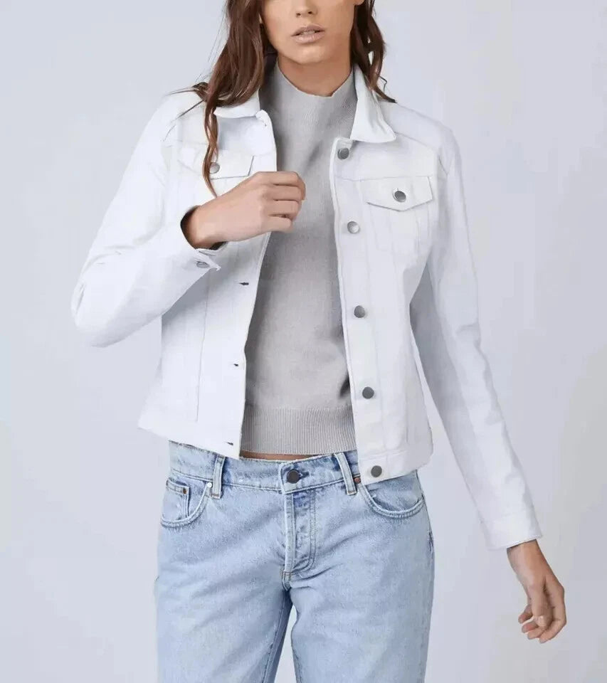 White Leather Cropped Trucker Original Shirt - Classic Full-Grain Denim-Premium Style Shirt for Women