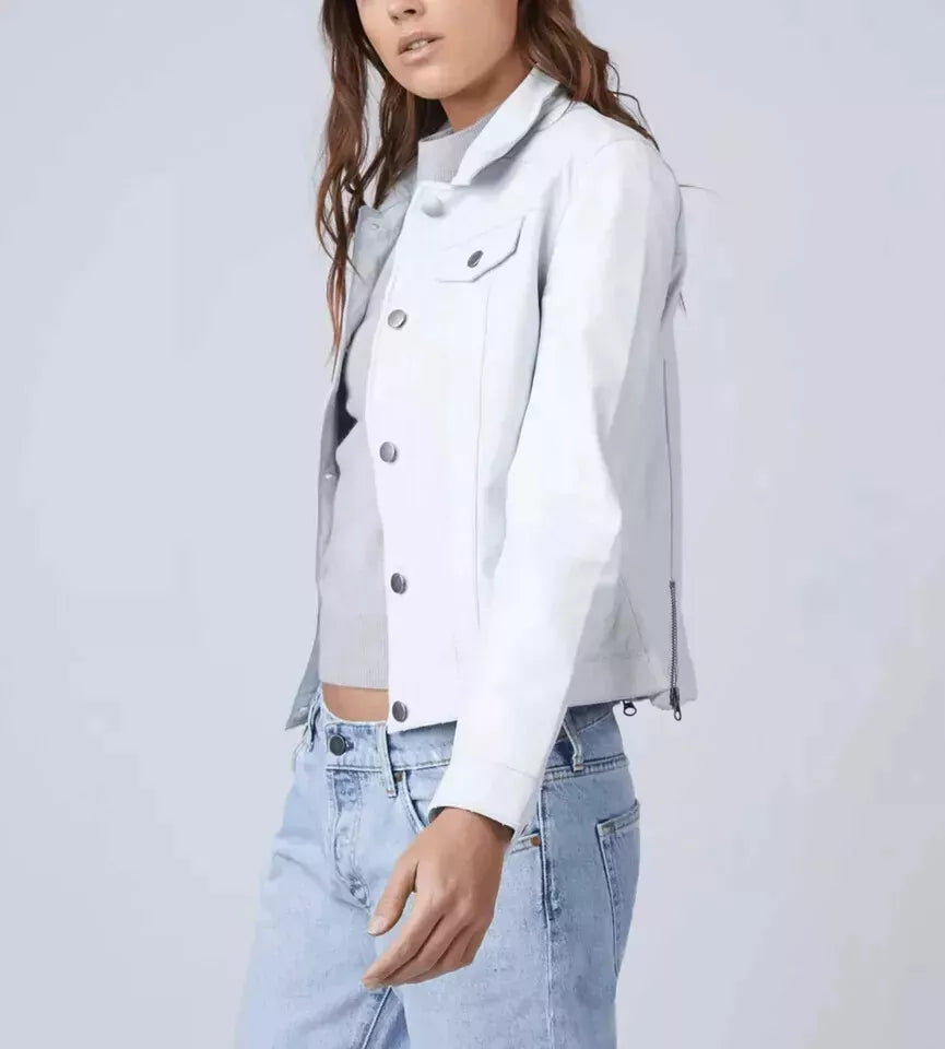 White Leather Cropped Trucker Original Shirt - Classic Full-Grain Denim-Premium Style Shirt for Women