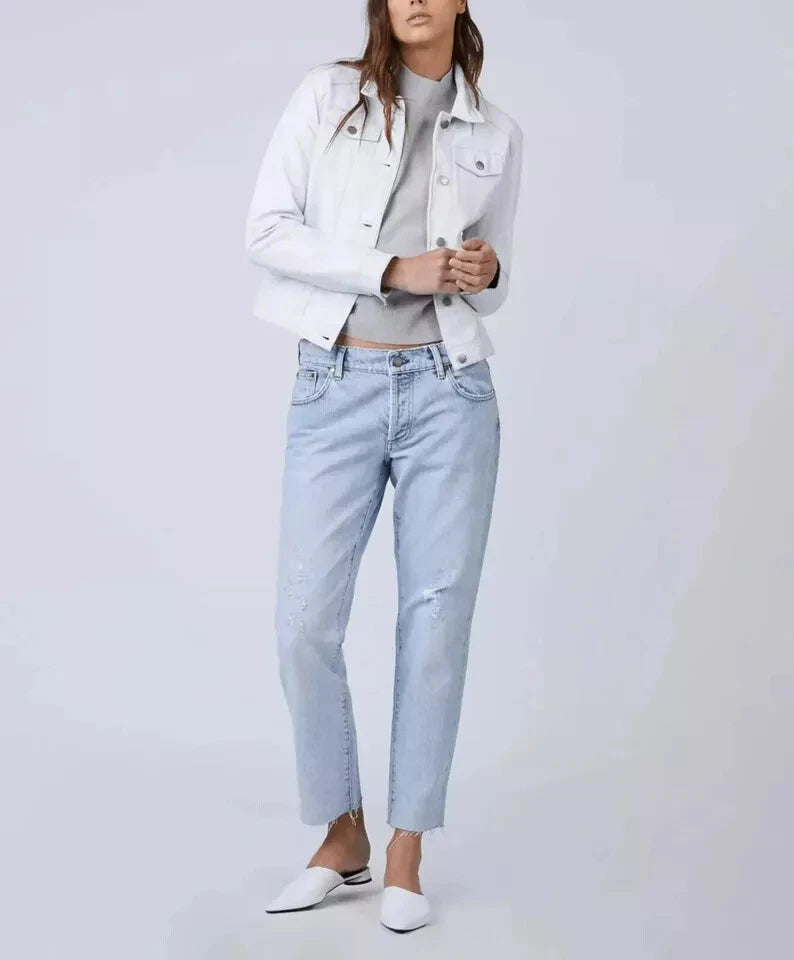 White Leather Cropped Trucker Original Shirt - Classic Full-Grain Denim-Premium Style Shirt for Women