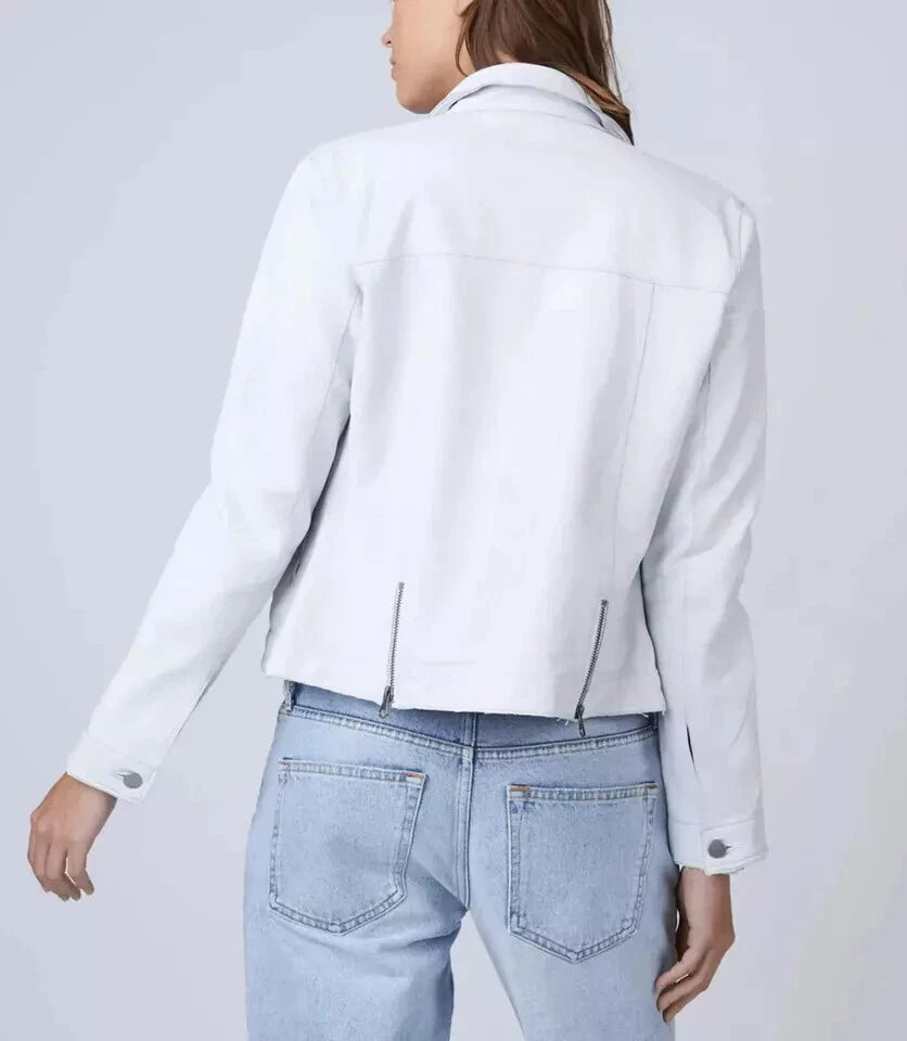White Leather Cropped Trucker Original Shirt - Classic Full-Grain Denim-Premium Style Shirt for Women
