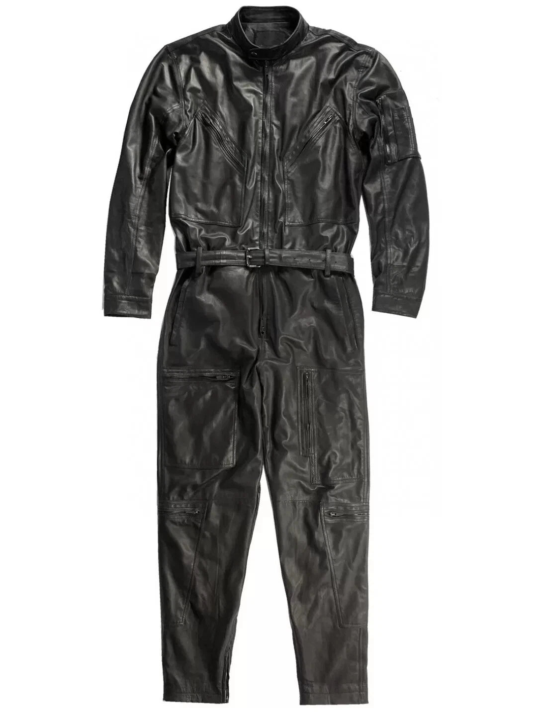 Men's Black Camo Full Grain Leather Jumpsuit - Handcrafted Utility Coverall