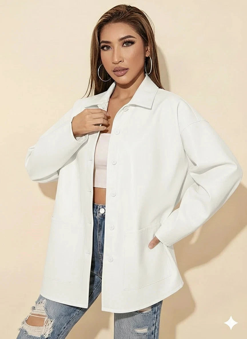 White Leather Oversized Original Shirt Jacket - Full-Grain Premium Leather Shacket for Women