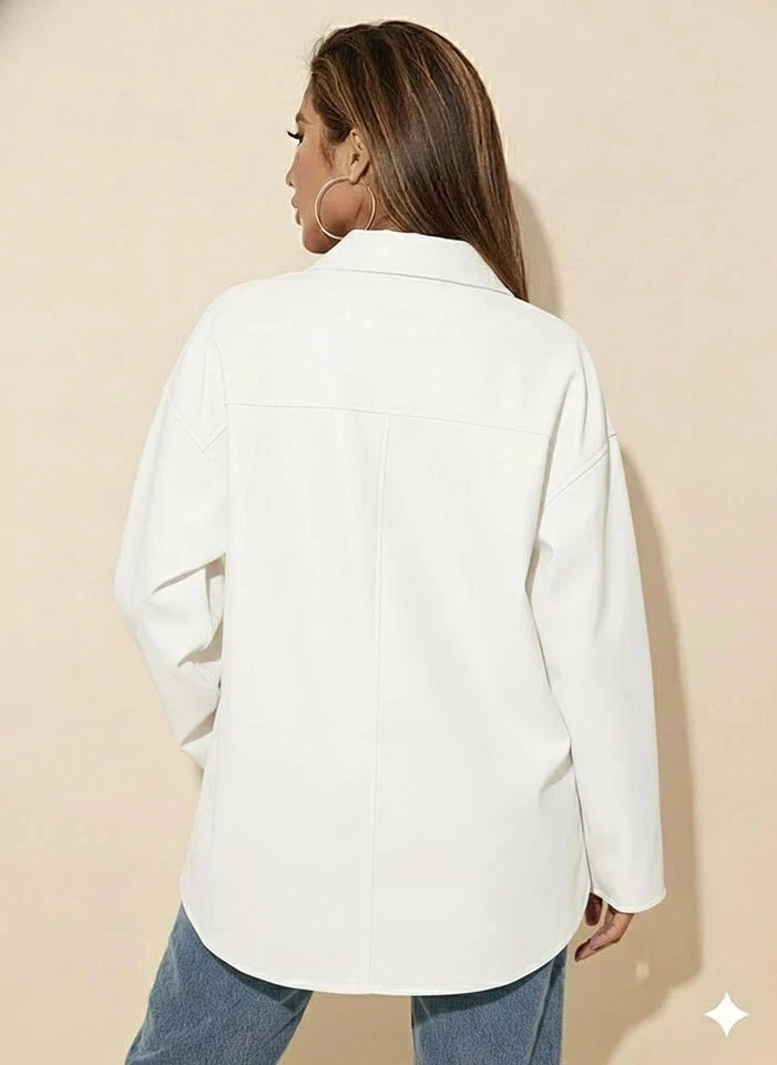 White Leather Oversized Original Shirt Jacket - Full-Grain Premium Leather Shacket for Women