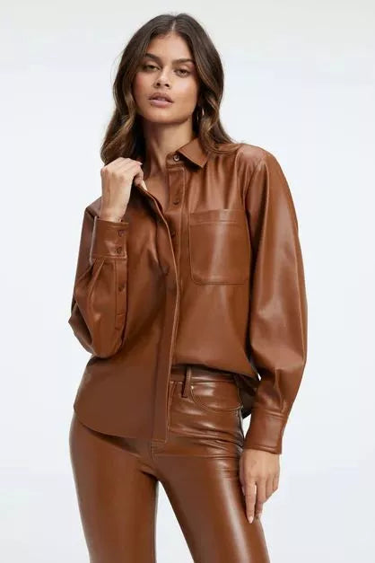 Cognac Brown Leather Oversized Original Shirt - Full-Grain  Leather Button-Up for Women