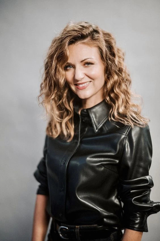 Black Premium Leather Shirt - Fitted Full-Grain Original Leather Button-Up with Contrast Stitching for Women