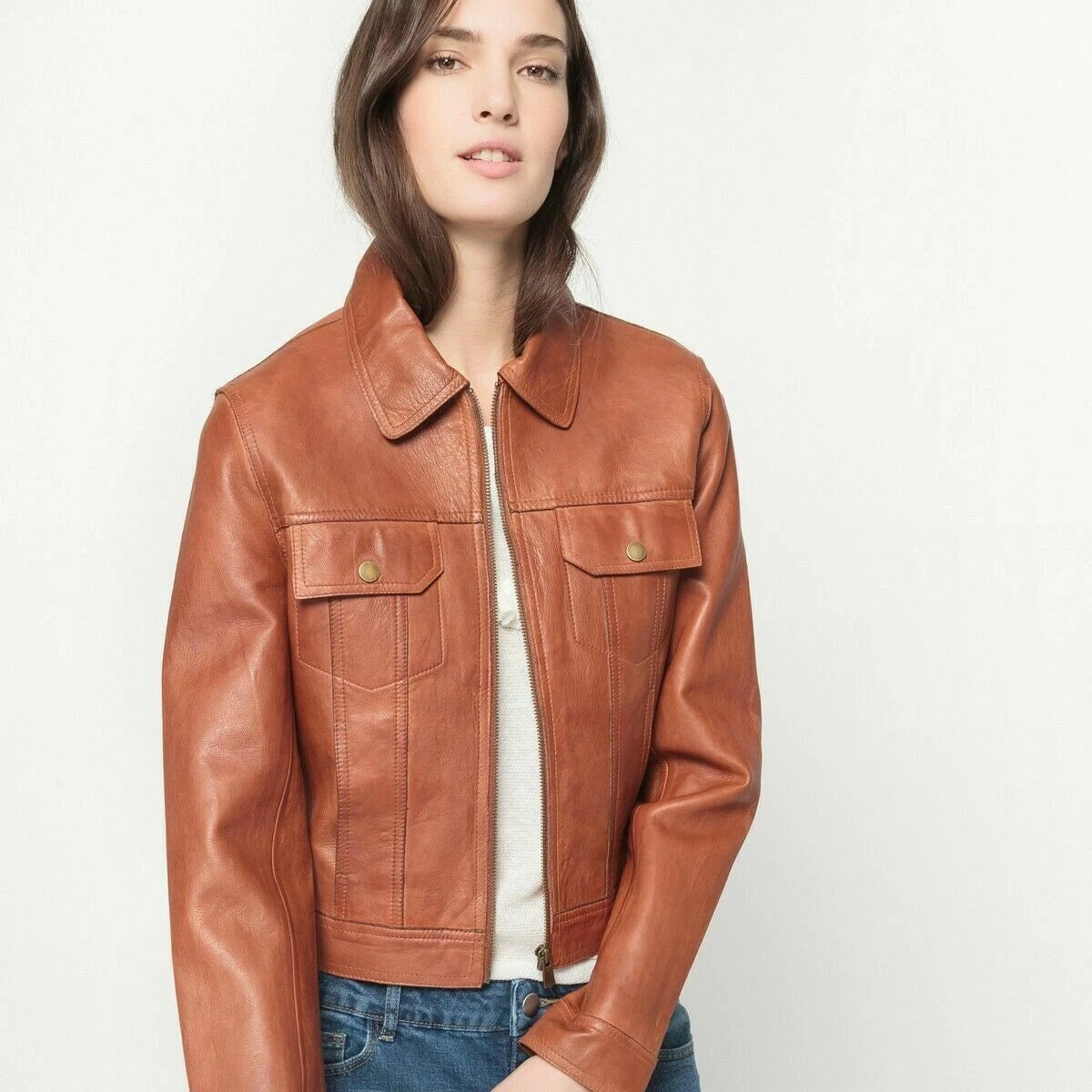 Cognac Brown Leather Cropped Trucker Original Shirt - Classic Full-Grain Denim-Style Premium for Women