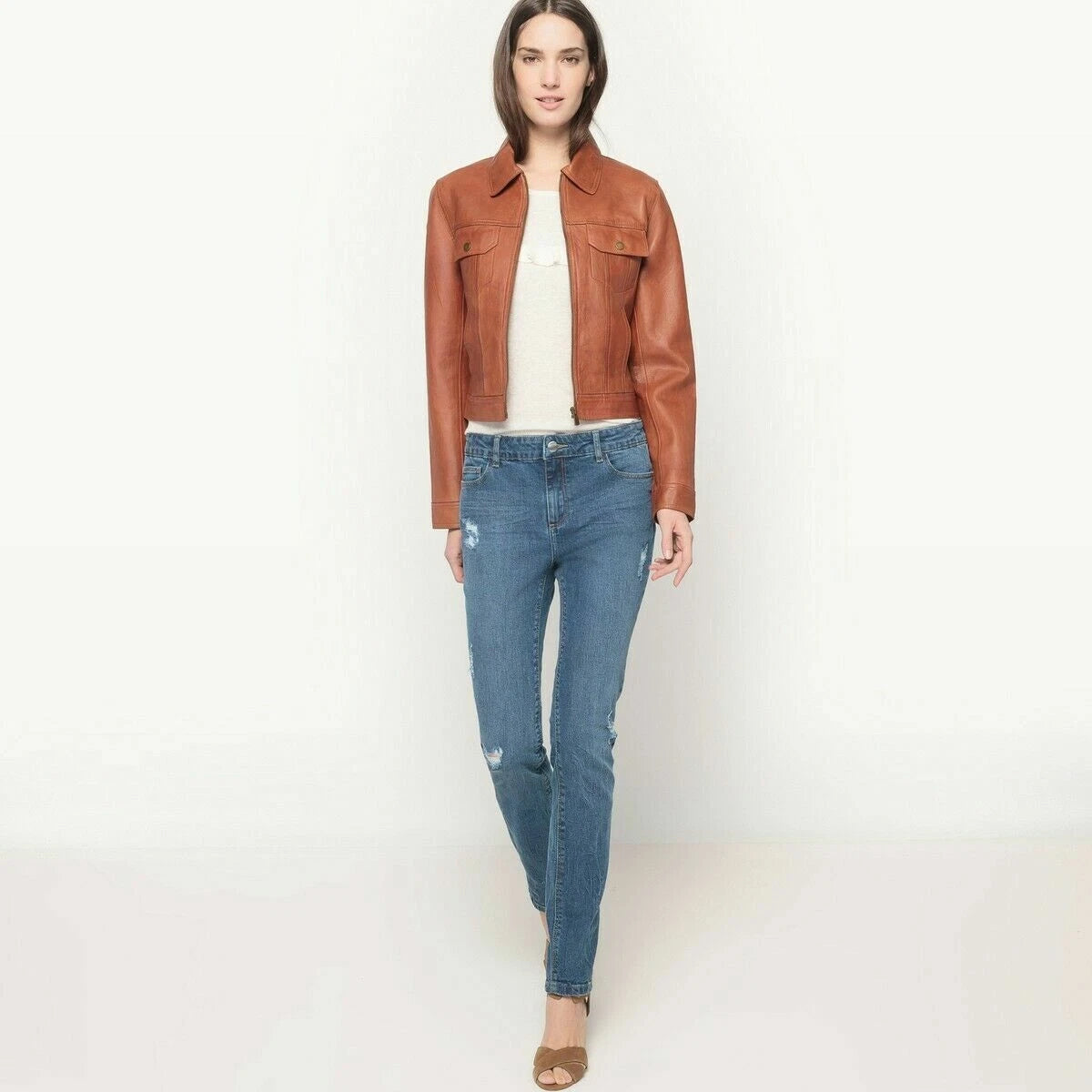 Cognac Brown Leather Cropped Trucker Original Shirt - Classic Full-Grain Denim-Style Premium for Women