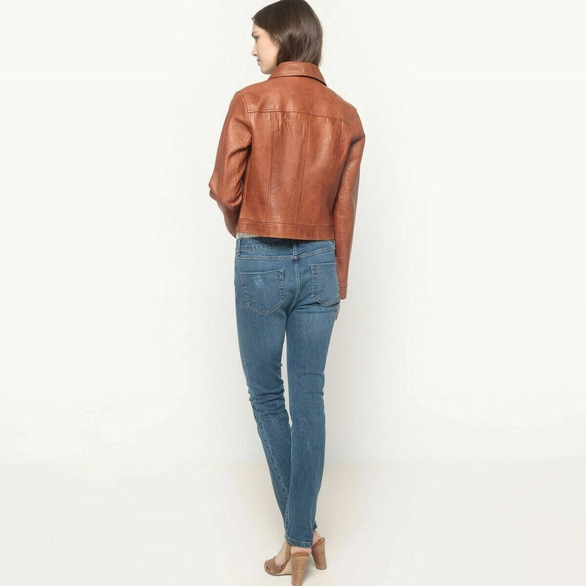 Cognac Brown Leather Cropped Trucker Original Shirt - Classic Full-Grain Denim-Style Premium for Women