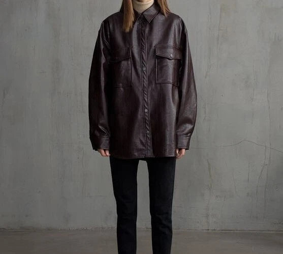 Chocolate Brown Leather Oversized Original Shirt - Full-Grain Premium Leather Shacket for Women