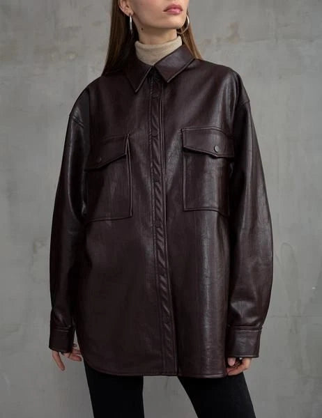 Chocolate Brown Leather Oversized Original Shirt - Full-Grain Premium Leather Shacket for Women